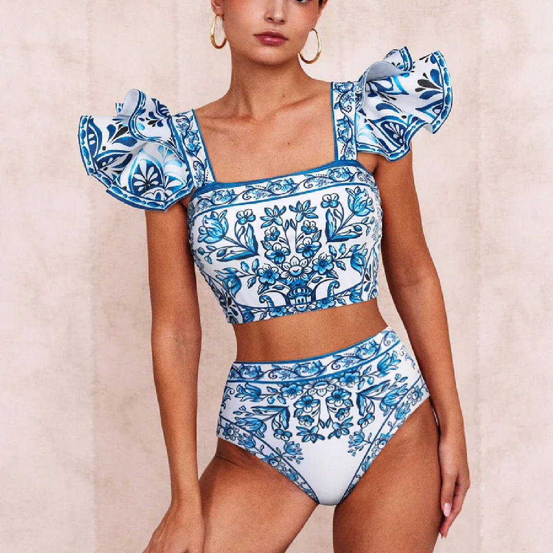 Dame bikini sæt med dekorative flæseærmer og floralt design Stilla