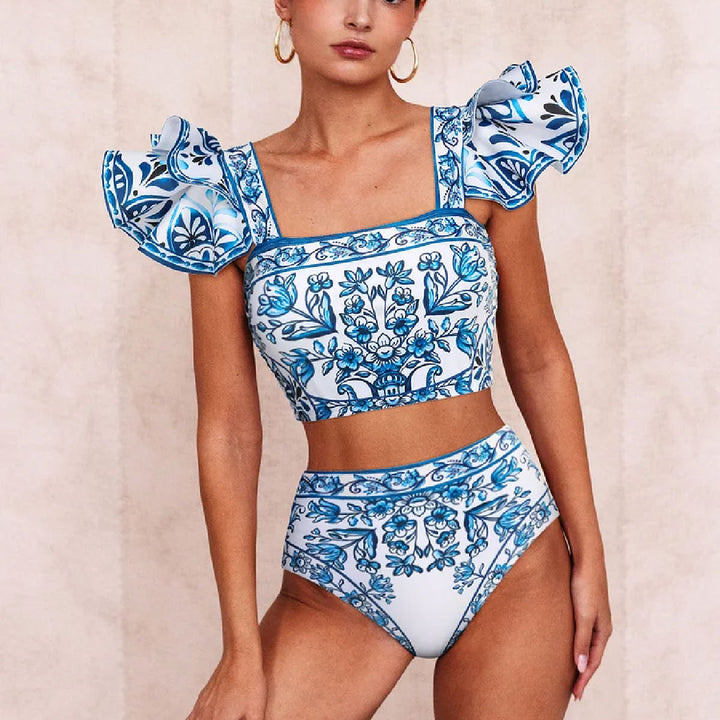 Dame bikini sæt med dekorative flæseærmer og floralt design Stilla