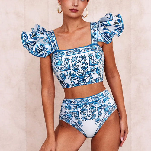 Dame bikini sæt med dekorative flæseærmer og floralt design Stilla