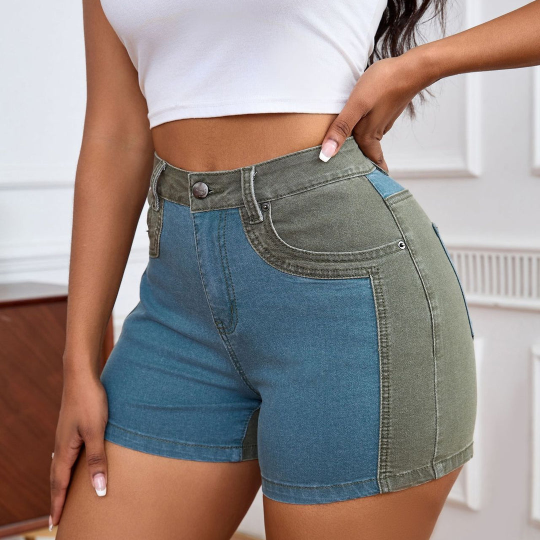 Dame trendy high-waist denim-shorts med farveblokdesign og høj talje Stilla