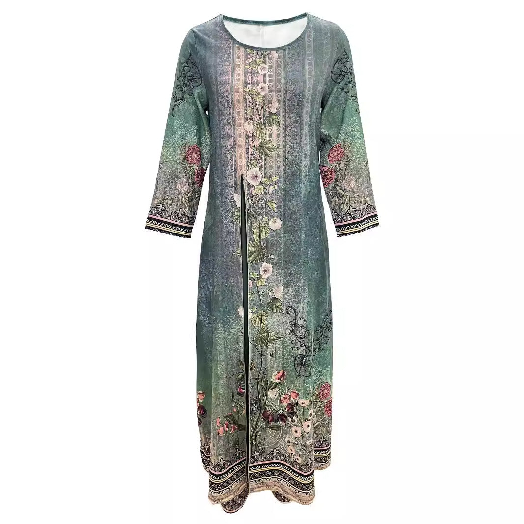 Damer Broderet Lang Kurta og Bukser Set Stilla