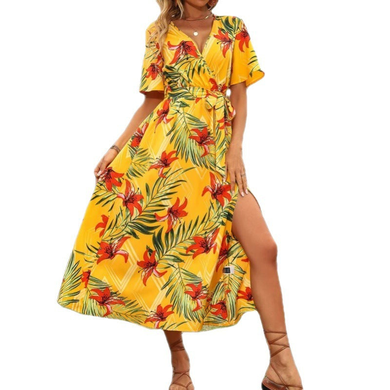 Dame Elegant Floralt Vickle-Maxikjole med sidelæns Slids Stilla