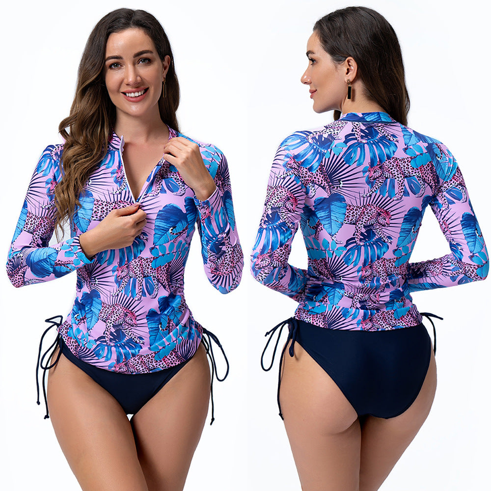 Dame Rashguard med fuld lynlås og fashionable plante mønstre Stilla