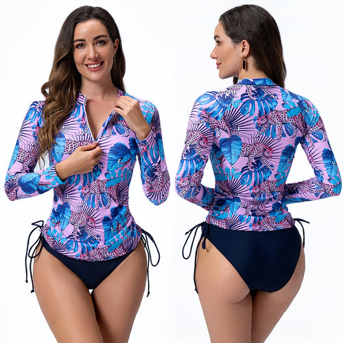 Dame Rashguard med fuld lynlås og fashionable plante mønstre Stilla
