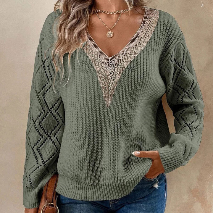 Dame strikket sweater med V-hals og klaplommer Stilla