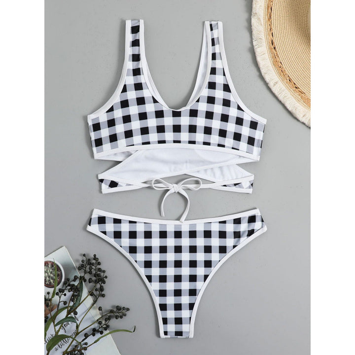Dame Triangel-Bikini med moderne indpakningsdesign og legende ternet mønster Skovae
