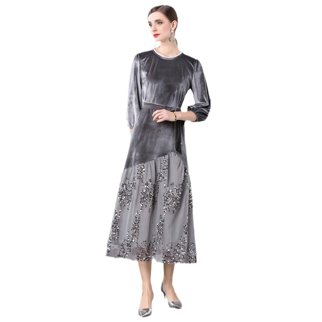 Dame Elegant maxikjole med glitrende velour og kunstneriske udsmykninger Stilla