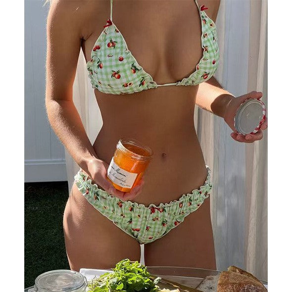 Dame Triangel-Bikini-Sæt med frugtig design og flæse detaljer Stilla