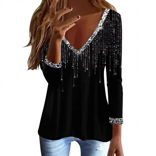 Dame Glitrende V-Hals Sweater med Elegante Rhinestone Detaljer Skovae