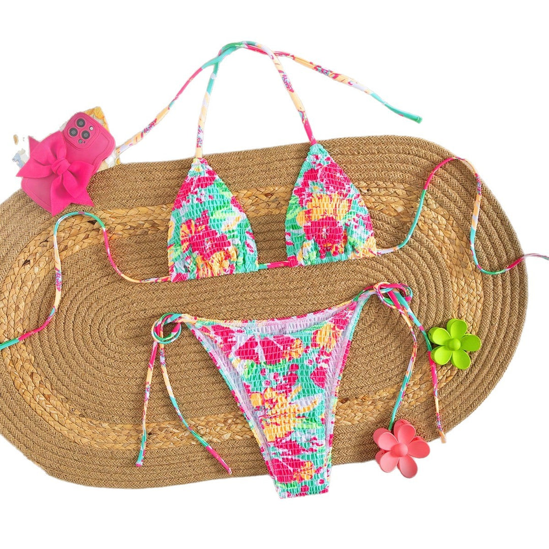 Dame trekant-bikini med farverigt blomsterprint og justerbar snor