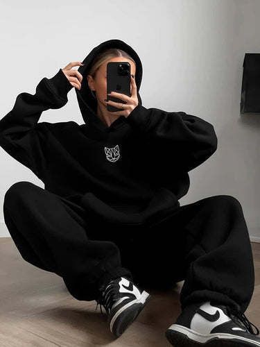 Dame Oversized Hoodie og Joggingbukser Sæt med Elastisk Talje og Praktiske Lommer Skovae