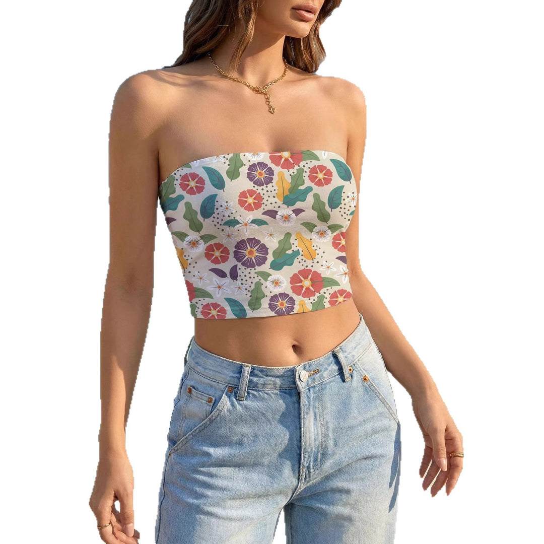 Dame Bandeau-top med blomsterfuglemotiv og elastisk pasform Skovae