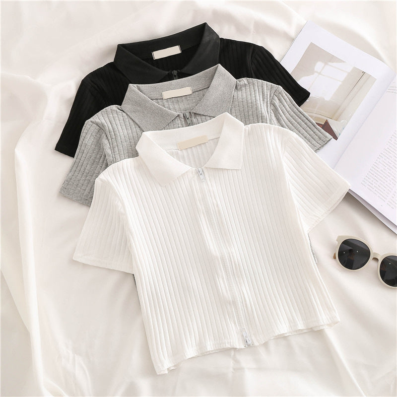 Femme Lynlås Rib-Crop-Polo-Top Stilla