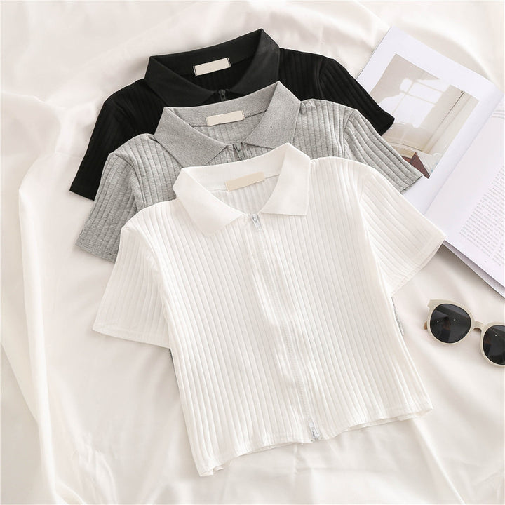 Femme Lynlås Rib-Crop-Polo-Top Stilla