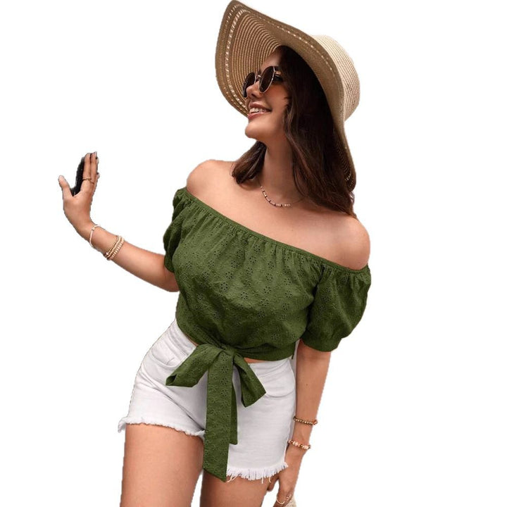 Dame Off-Shoulder Bluse med Talje bælte og Puffærmer Stilla