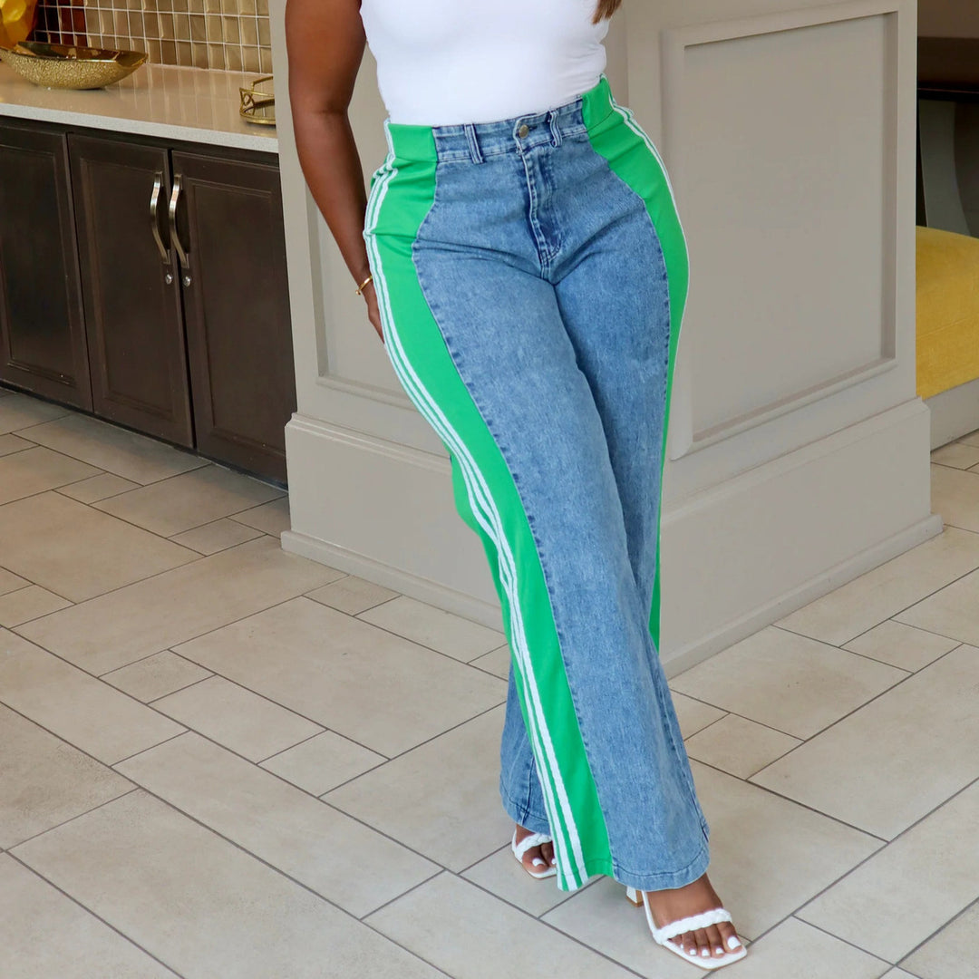 Dame High-Waist Jeans med sporty stribet design og bredt ben Stilla
