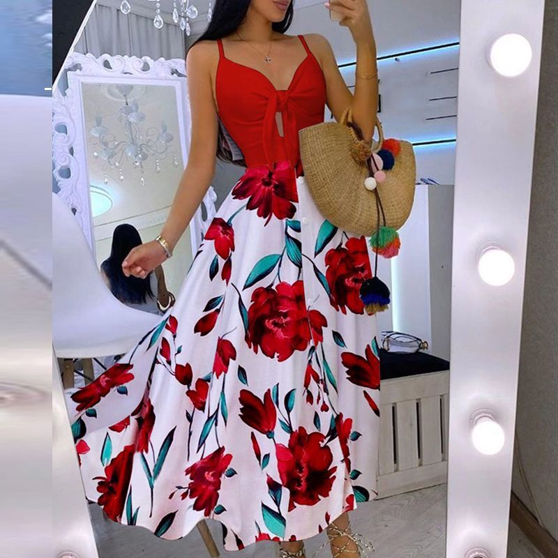 Dame Floral Maxi Kjole med justerbare Spaghetti-stropper og knudedetalje Stilla