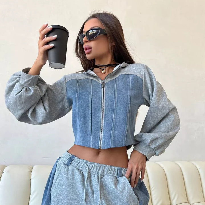 Dame moderigtig cropped Sweatjakke og bred Bukser Sæt Stilla