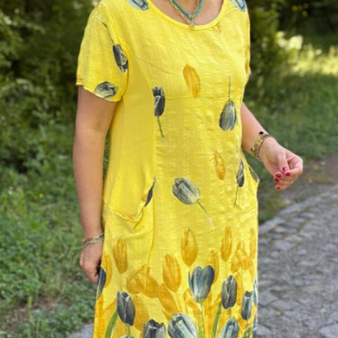 Dame Kortærmet Fritidskjole med florale accenter og let snit Stilla
