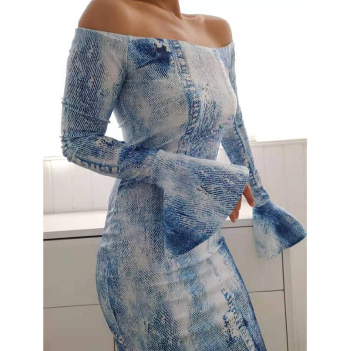 Dame Off-Shoulder Denim Bodycon Kjole med vidde ærmer Stilla