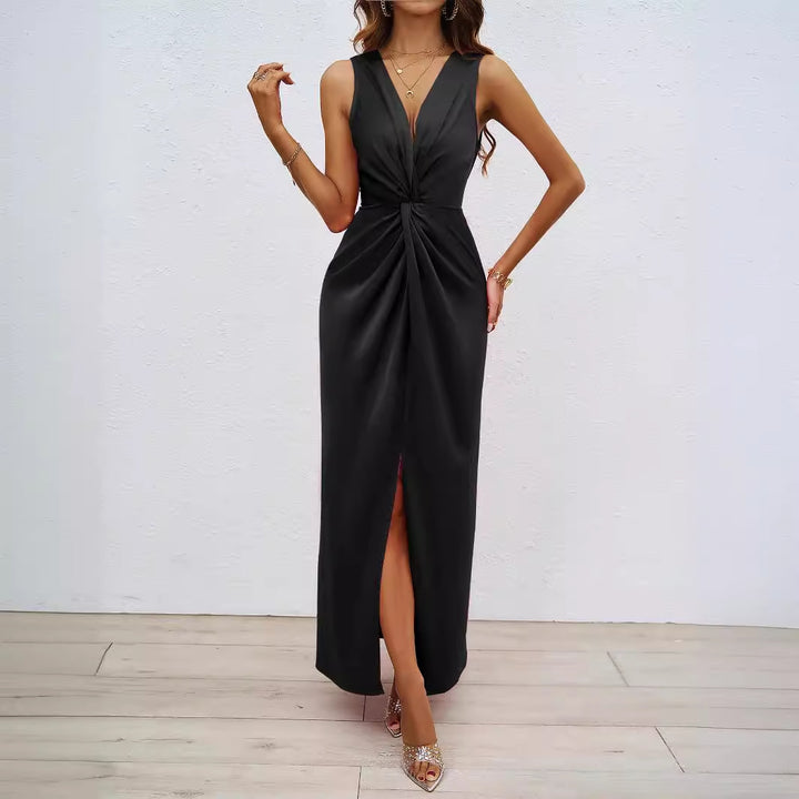 Dame Elegant Maxi Kjole med Sofistikeret Rynket Udhulning og Sideslids Stilla