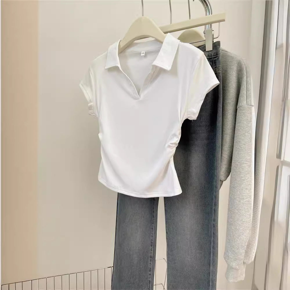 Femme Cropped Polo Stil Top med sidelæns rynkning 詳細 Stilla