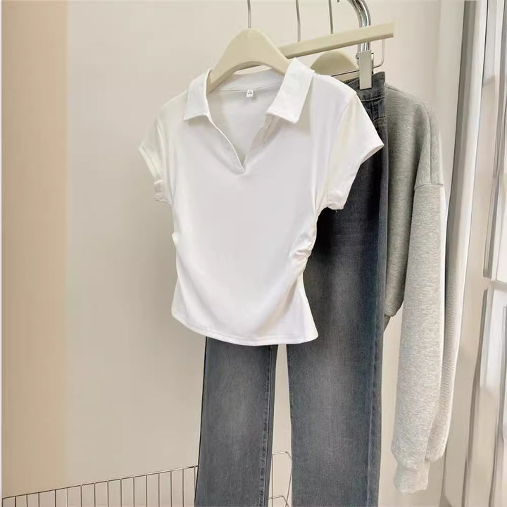 Femme Cropped Polo Stil Top med sidelæns rynkning 詳細 Stilla