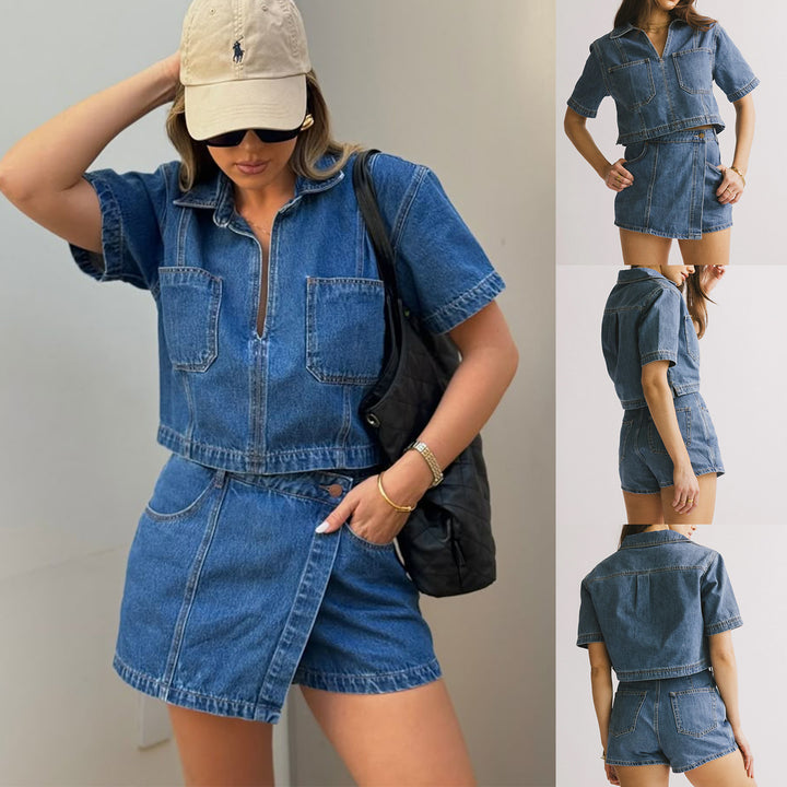 Dame afslappet denim kort jakke sæt med matchende nederdel Skovae