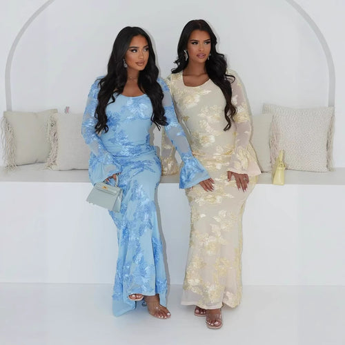 Dame Elegant, transparent maxikjole med blomsterapplikationer Stilla
