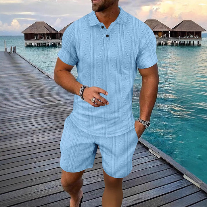 Herrer Strukturstrik Polo og Shorts Sæt Stilla