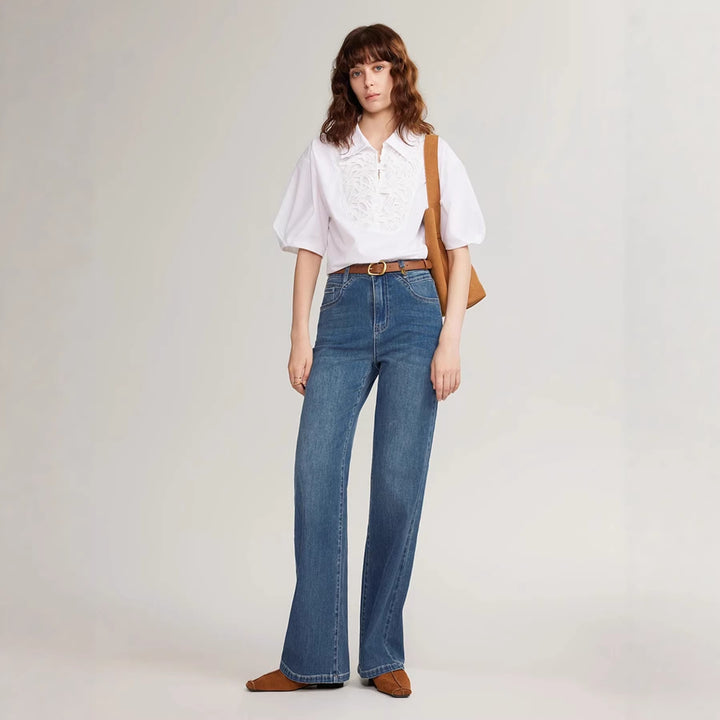Dame Elegant Bluse med drømmende broderedesign og knapdetaljer Skovae