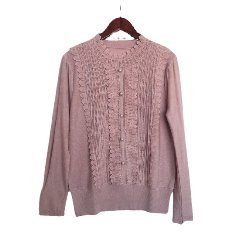 Dame elegant strikpullover med flæse detaljer og perleknap lukning Stilla