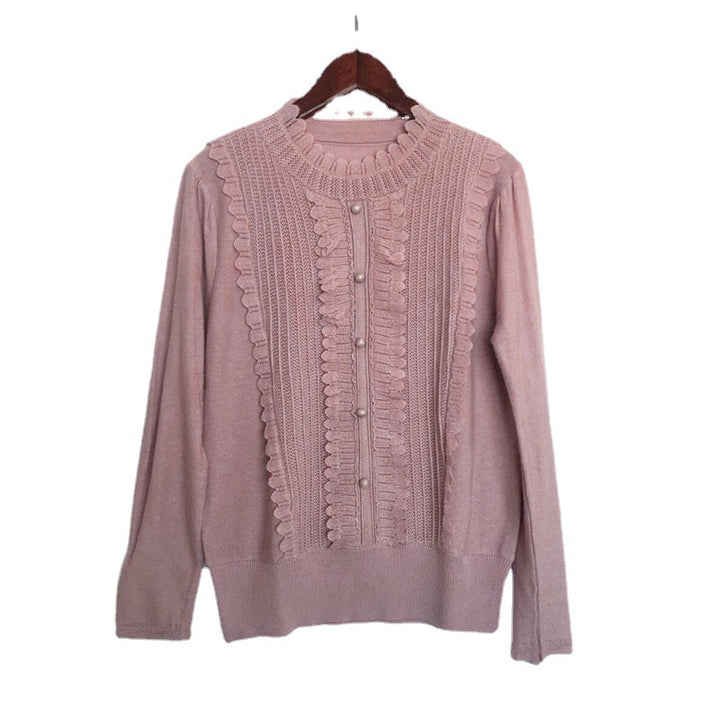 Dame elegant strikpullover med flæse detaljer og perleknap lukning Stilla
