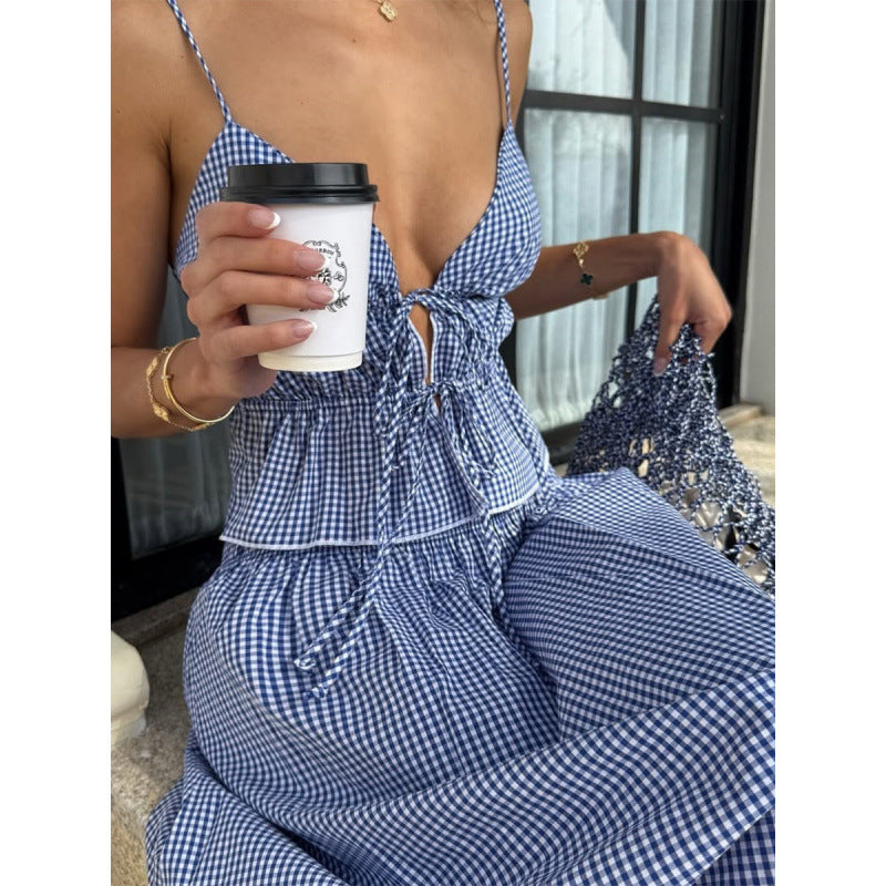 Damen Sommerliches Maxikleid mit V-Ausschnitt und Gingham-Muster Skovae