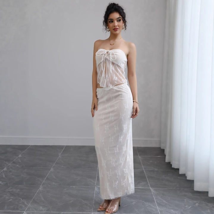 Kvinders Off-Shoulder Maxi Kjole med Fint Blonde og Elegant Taljebånd