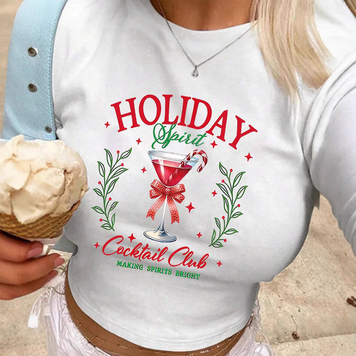 Dame Crop-top med kreativ cocktailmotiv og festligt print Skovae