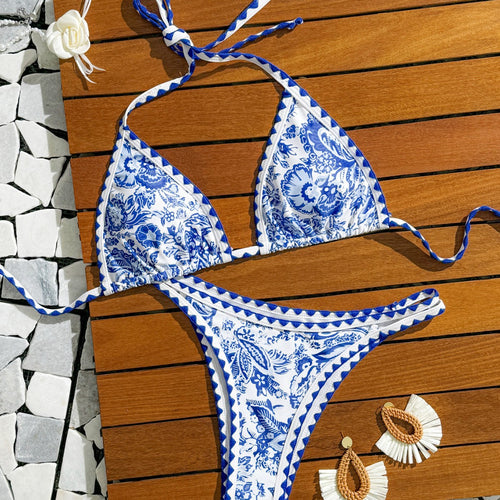 Dame Floral Print Triangle Bikini Sæt Stilla