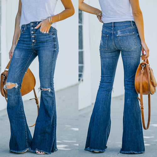 Dame Flared Jeans med dekorative Rips-detaljer og knaplukning Stilla