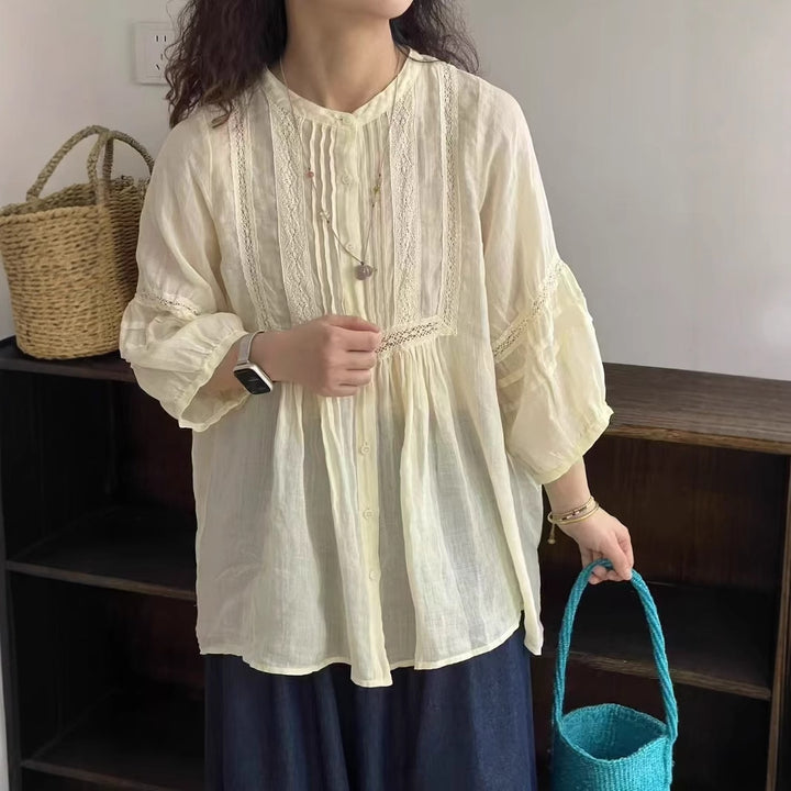 Dame Button-Up Bohemian Bluse med Blonde Stilla