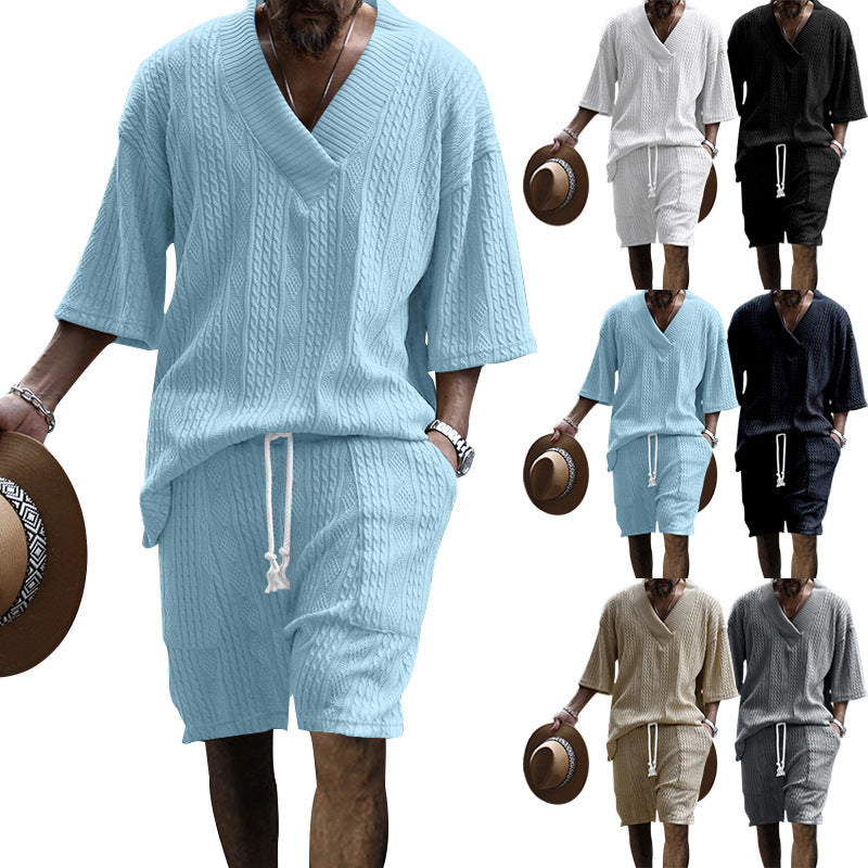 Herren casual struktur strik sæt med dyb V-udskæring boxy kortærmet sweater og snore shorts Skovae
