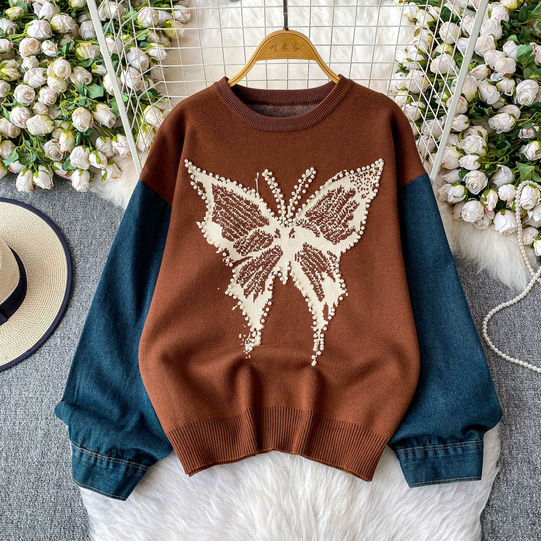 Dame Elegant Sweater med Sommerfugl Motiv og Denim Ærmer Stilla
