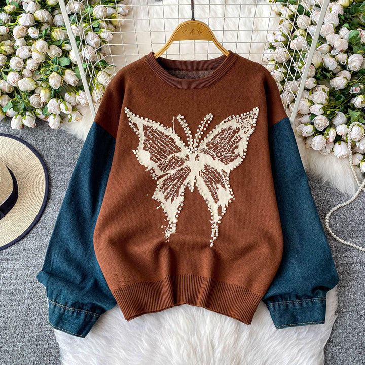 Dame Elegant Sweater med Sommerfugl Motiv og Denim Ærmer Stilla