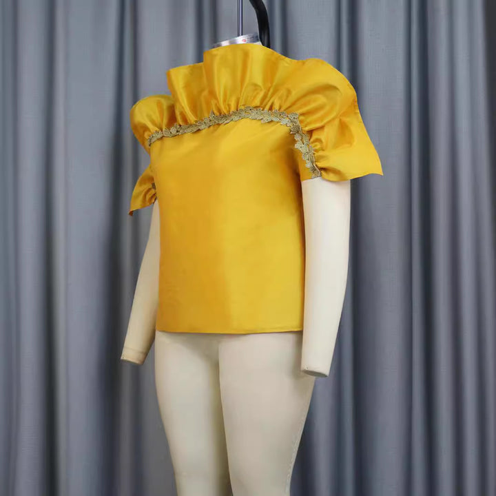 Damer elegant bluse skjorte med voluminøse puffærmer og dekorativ spids kant Skovae