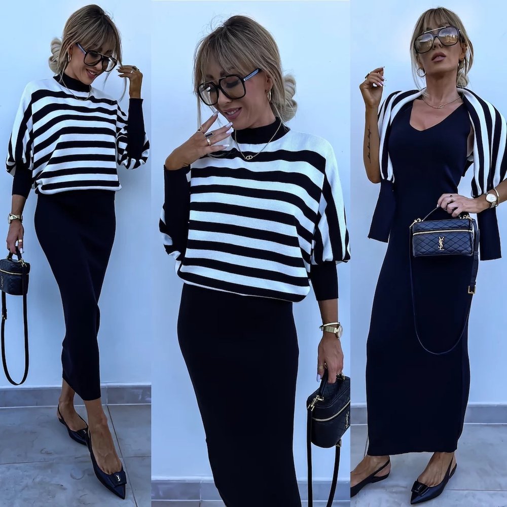 Kvindernes elegante stribede maxi kjole med casual sweater Skovae