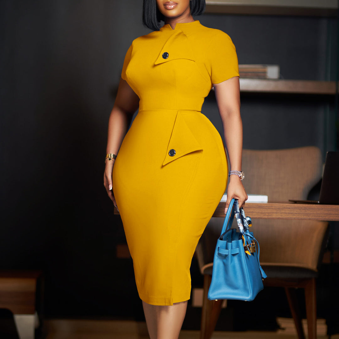 Dame elegant pencil dress med asymmetrisk detalje og højstående krave Stilla