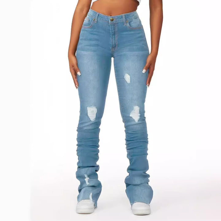 Dame Slim-Fit Jeans med moderigtige Destroyed-effekt og høj talje Stilla
