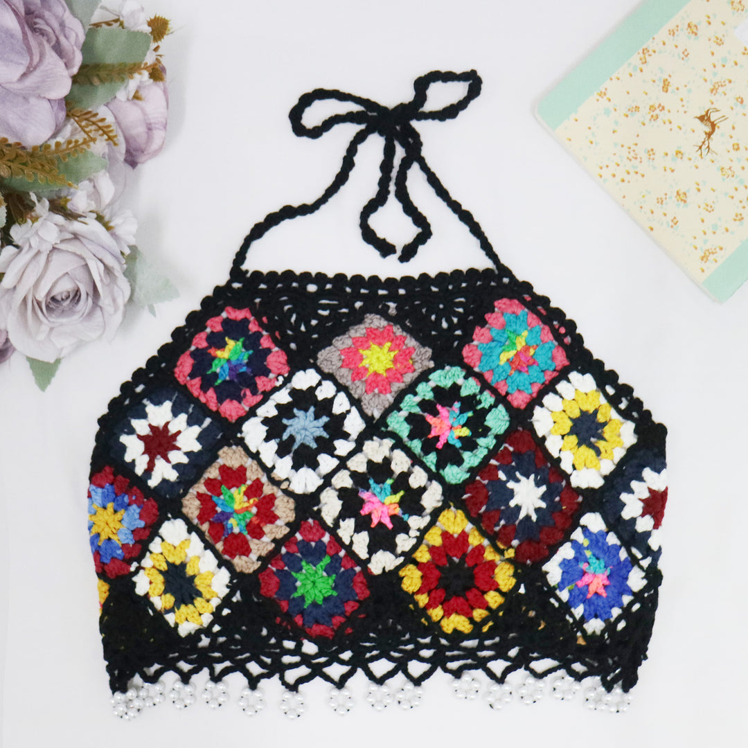 Dame hæklede Crop-Top med blomsterdesign og raffinerede frynser Stilla