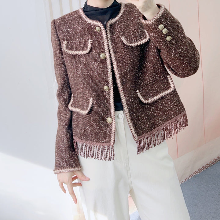 Damer Elegant Jacquard-Jakke med Frynser og Lommer Stilla