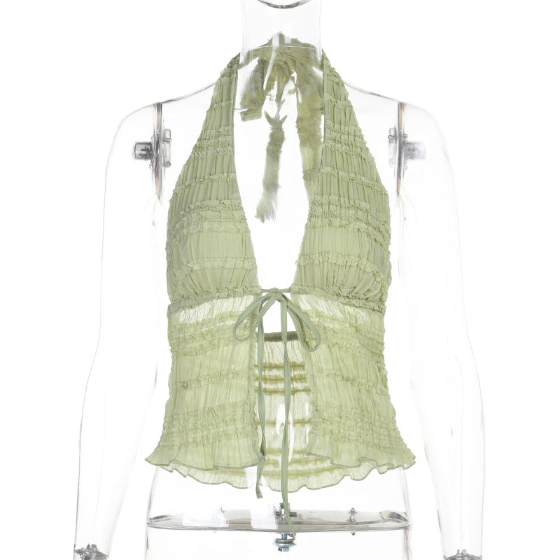 Dame halterneck top med legende ruffle design Skovae