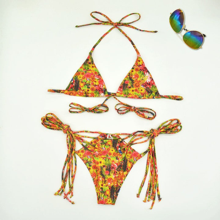 Dame triangel-bikini med justerbare stropper og glad blomsterdesign Skovae